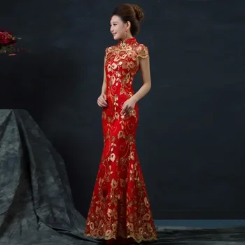 Красное Китайское Свадебное Платье Женское Длинное С Коротким Рукавом Cheongsam Gold Slim Traditional Women Qipao для Вечеринки