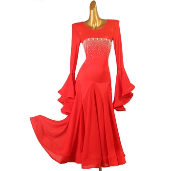 Национальная стандартная одежда для женщин, красная одежда для занятий вальсом, румбой, танго, бальными танцами, платье для выступлений DQL8142
