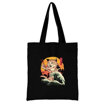 Женская Черная хозяйственная сумка с рисунком Японского Кота, повседневная Многоразовая холщовая сумка с принтом большой емкости, сумка через плечо, Студенческая сумка
