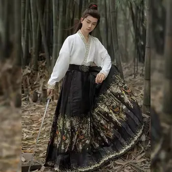 Юбка Hanfu Horse Face Для мужчин и женщин, Осень 2023, Китайская Золотая ткань Hanfu, Красно-черная плиссированная юбка с белой рубашкой, плюс размер