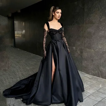 Черное вечернее платье премиум-класса 2023, платье для выпускного вечера без рукавов с воротником-сердечком, расшитое бисером, с высоким разрезом, праздничное платье для знаменитостей трапециевидной формы