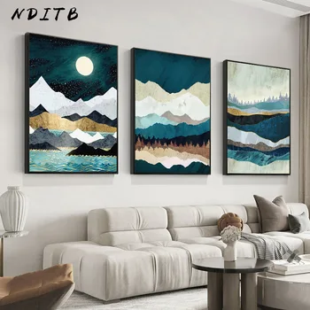 Абстрактный плакат с изображением горной Луны и ночи, Эстетичный пейзаж, картина, холст, художественная печать, настенная картина, Современный декор гостиной