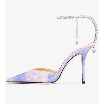 Летняя модная Дизайнерская женская обувь на тонком высоком каблуке с принтом и острым носком, женские туфли на шпильке, босоножки со стразами, Chaussures Femme