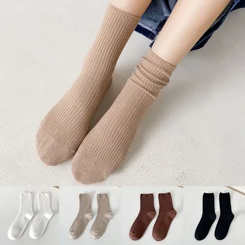 1 Пара Ретро-женских хлопчатобумажных свободных носков, Осень-зима, Вязаные Однотонные Длинные Черные Корейские Японские чулки для студенток
