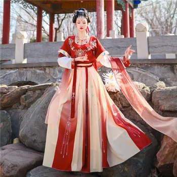 Женская повседневная одежда Hanfu с коричневым воротником в китайском стиле Дуньхуан, летний тонкий сказочный стиль, полный комплект древней одежды с талией по системе Тан