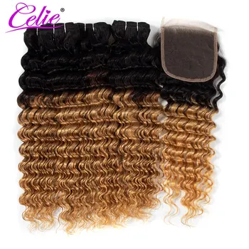 Celie Human Hair Deep Wave 1B 27 пучков с закрытием Цветные бразильские волосы Плетение пучков с закрытием Волосы омбре