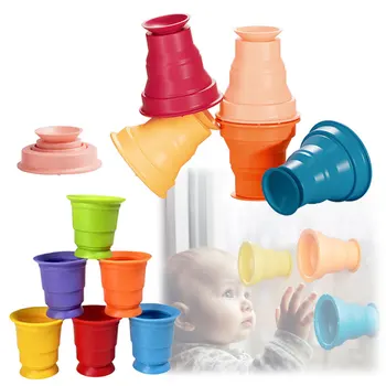 Детская радужная игра в складывание силиконовых чашек с мягким клеем-присоской для воды в ванночке, цветные познавательные развивающие игрушки для детей 1-3 лет
