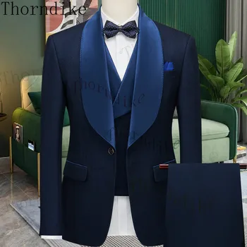 Торндайк, новый модный темно-синий свадебный костюм для мужчин, формальный блейзер, брюки, жилет, комплект куртки для жениха из трех предметов, приталенный наряд