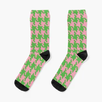 Розово-зеленые носки с рисунком pied de poule, также известные как носки с рисунком, Противоскользящие носки, Высокие женские носки
