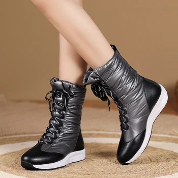 Женские ботинки из натуральной кожи, зимняя хлопковая обувь, модные теплые плюшевые ботильоны, женские удобные водонепроницаемые ботинки на шнуровке