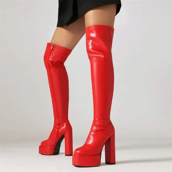 Сексуальные сапоги выше колена, женские сапоги на платформе, красные, белые, черные, сапоги до бедра, Зимние танцевальные туфли на толстом каблуке, женские большие размеры 48