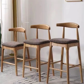 Скандинавские барные стулья из массива дерева Бытовой барный стул Современная минималистичная барная мебель Высокие табуреты Кухонный барный стул со спинкой C