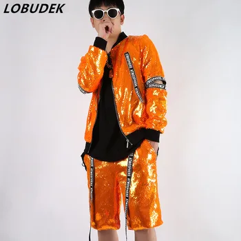 Мужской бейсбольный костюм в стиле хип-хоп, рок, бар, ночной клуб, оранжевые блестки, открытая куртка с буквами, брюки, свободный комплект из 2 предметов, сценический костюм