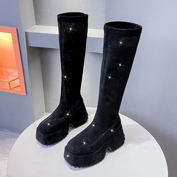 Модные женские сапоги до колена на платформе со стразами 9,5 см, кожаные ботинки на высоком каблуке, без застежки, осень-зима, женские сапоги до колена