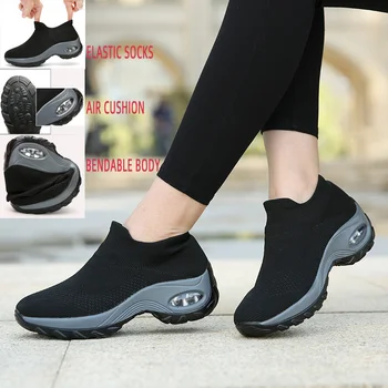 Женские кроссовки с подушками, Увеличивающие рост, Обувь на платформе, Дышащая Сетчатая Уличная спортивная обувь, Носки, Спортивная обувь, Черные Zapatos Mujer
