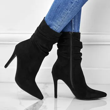 2023 Дизайнерские женские ботинки из искусственной замши на шпильке с боковой молнией, ботинки с морщинами, туфли на тонких высоких каблуках с острым носком, шикарные Модные