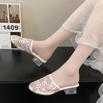 Обувь для женщин 2023 г. Высококачественная сетчатая Женская обувь с пайетками на высоком каблуке, летние офисные туфли-лодочки для отдыха, Женские однотонные лоферы