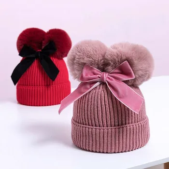 Зимняя утепленная теплая детская шапочка с двойным помпоном, вязаная шапочка для маленьких девочек и мальчиков, капот с милым бантом, шапочки для малышей