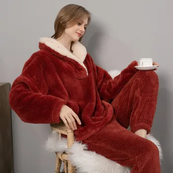 Женская пижама из кораллового бархата, осенне-зимняя теплая пижама с капюшоном, комплект из 2 предметов, свободные флисовые плюшевые толстовки, комплект со штанами