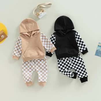 Комплект одежды для маленьких мальчиков от 0 до 3 лет, осенняя одежда для маленьких девочек, толстовки и штаны с рисунком в виде шахматной доски с длинными рукавами для малышей