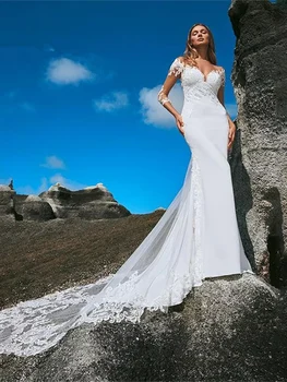 Современное свадебное платье Русалки для женщин с Vобразным вырезом, сексуальное платье невесты с длинными рукавами, кружевные аппликации, Свадебные платья на заказ