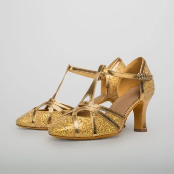Новые латиноамериканские танцы для взрослых с танцевальной обувью на мягкой подошве, женские танцевальные туфли для квадратного танца, современная обувь, сверкающая золотыми блестками.