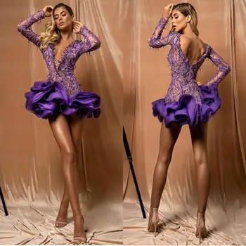 Сексуальные Мини-платья для выпускного вечера Фиолетового цвета С глубоким V-образным вырезом и длинным рукавом, Иллюзионное Вечернее платье, Вечерние Короткие Коктейльные платья с кружевными аппликациями.