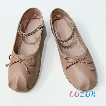 Розовые кожаные балетные туфли на плоской подошве с круглым носком и узлом-бабочкой, танцевальные туфли для милых девочек, женские модельные туфли из натуральной кожи, летние