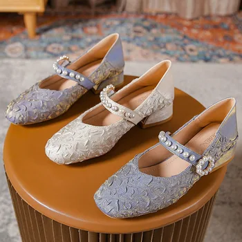 2024 Женские Элегантные свадебные туфли с квадратным носком и милой жемчужной пряжкой, синие Женские туфли на высоком каблуке 3 см, кожаные туфли Мэри Джейн в стиле ретро
