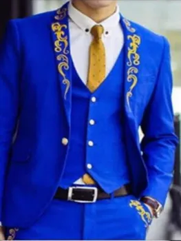 Новое поступление, мужские костюмы, приталенный Королевский синий с золотым дизайном, мужской костюм, блейзеры, брюки, 3 предмета, официальные деловые свадебные смокинги для жениха