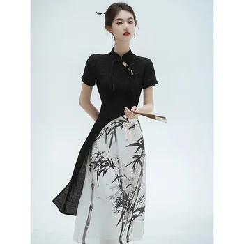 Черный Новый китайский стиль Чонсам Женское длинное платье с коротким рукавом Свадебные костюмы Нежные платья с чернильной печатью от S До XXL