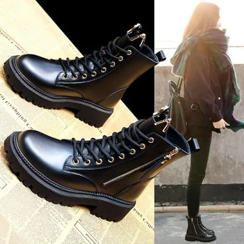 2022 Новые женские кожаные ботильоны, женская осенне-зимняя обувь на шнуровке с круглым носком, модные ботинки на платформе из искусственной кожи 40 Sapatos Femininos