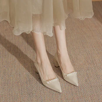 Женская обувь 2023 года, женская летняя обувь на высоком каблуке, Сексуальные туфли-лодочки, Свадебная обувь с жемчугом для невесты