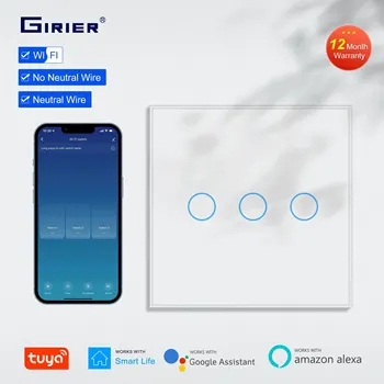 Умный WiFi выключатель света GIRIER Tuya 1/2/3 группы настенных выключателей Smart Touch EU Работает с Alexa Google Home, нейтральный провод опционально