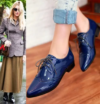 Женские оксфордские туфли в стиле ретро из лакированной кожи EAGSITY, на толстом каблуке, на шнуровке, с острым носком, повседневные офисные женские кожаные туфли на блочном каблуке