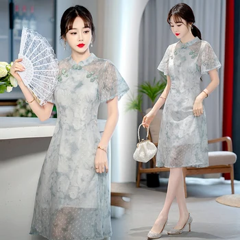 Винтажные вечерние платья Чонсам с коротким рукавом 2023, традиционное китайское платье ципао для женской одежды