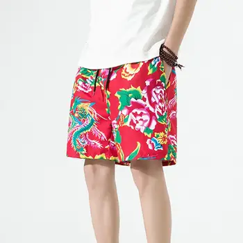 Пляжные шорты с эластичной резинкой на талии в китайском стиле, изысканный мужской наряд из полиэстера, свободные короткие брюки с пляжным принтом для мужчин