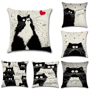 Простой милый мультяшный черный кот с рисунком белого кота, рукав для подушки, диван-кровать, автокресло, кресло-качалка, декоративная наволочка