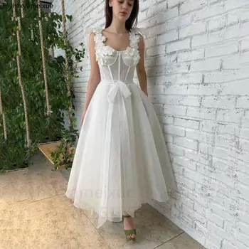 Сексуальное Белое Короткое свадебное платье с 3D цветами трапециевидной формы, Длинное платье невесты с круглым вырезом, вечерние платья, Простое свадебное платье для девочек 2023