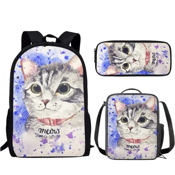 Набор школьных сумок с акварельным рисунком милого кота, школьные рюкзаки для студенток, школьные сумки с рисунком животных и пеналом
