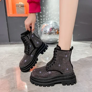 Новинка зимы 2023 года, женские ботинки с высоким берцем на шнуровке, увеличенные толщиной подошвы бархатом, Удобные повседневные модные ботильоны