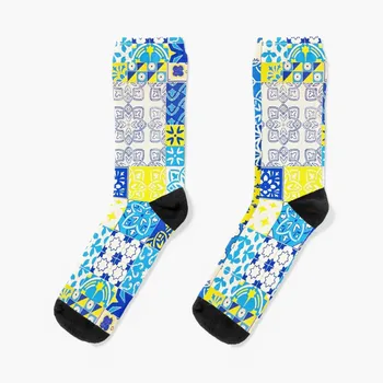 Португальская плитка, желтые и синие носки, роскошные носки, походные носки, мужские носки, женские