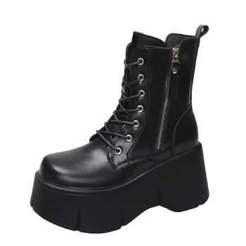 Женские мотоциклетные ботинки на массивном каблуке, осенние кожаные кроссовки на скрытом каблуке, зимние водонепроницаемые ботинки на платформе 9 см, сапоги до середины икры