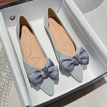 2022 новые дизайнерские синие тканевые туфли на плоской подошве с блестками, женские туфли с острым носком и бантом, шелковые балетки с цветочным рисунком, женские мокасины большого размера 43