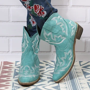 Женские короткие ботинки в западном стиле с V-образным вырезом, модные туфли на низком массивном каблуке с острым носком, однотонные ковбойские туфли