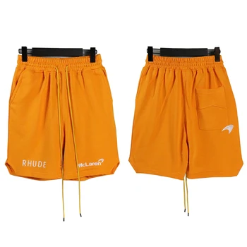 Черно-оранжевые шорты RHUDE Для мужчин и женщин, высококачественный повседневный карман на шнурке, вышивка букв, логотип, Летние бриджи Rhude Оверсайз