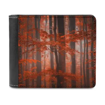 Красный кожаный бумажник с параллельной Вселенной, держатель для кредитной карты, роскошный кошелек, Лесные деревья, Красная осенняя листва, Персонализированный кошелек