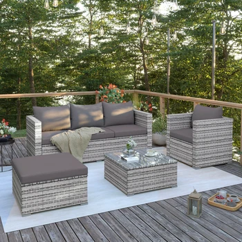 Набор для отдыха в саду, группа сидений polyrattan на 5 человек, набор садовой мебели со столом, вкл. подушки для сидений серого цвета