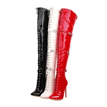 Женские сапоги выше колена на высоком каблуке из искусственной кожи, новая осенне-зимняя мода, 12 см, пикантная женская обувь, готические шнурки